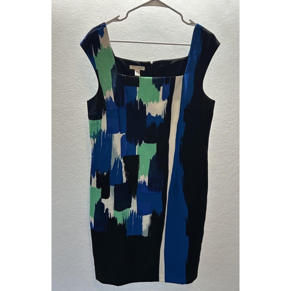 London Style Collection Dress Womens 16 Sheath Black Blue Aqua Zip Up